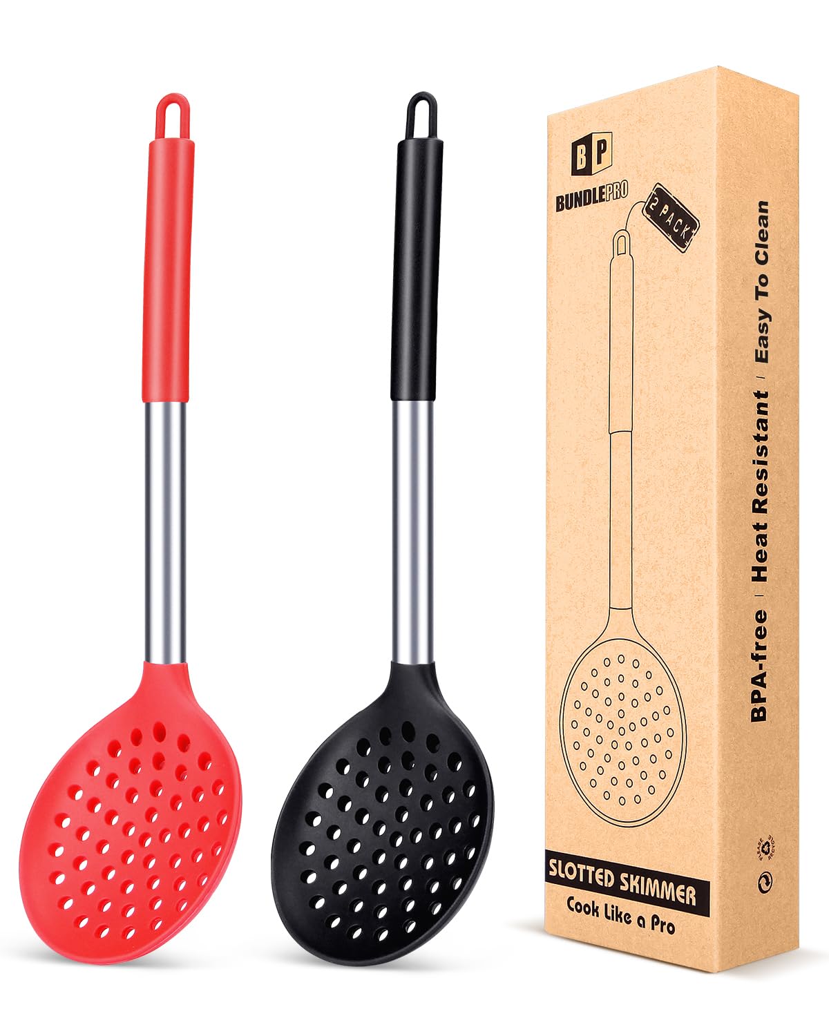 Pack of 2 Kitchen Ladle Strainer, Large Slotted Spoon with High Heat Resistant,BPA Free Non Stick Cooking Skimmers for Draining & Frying (Black-Red)