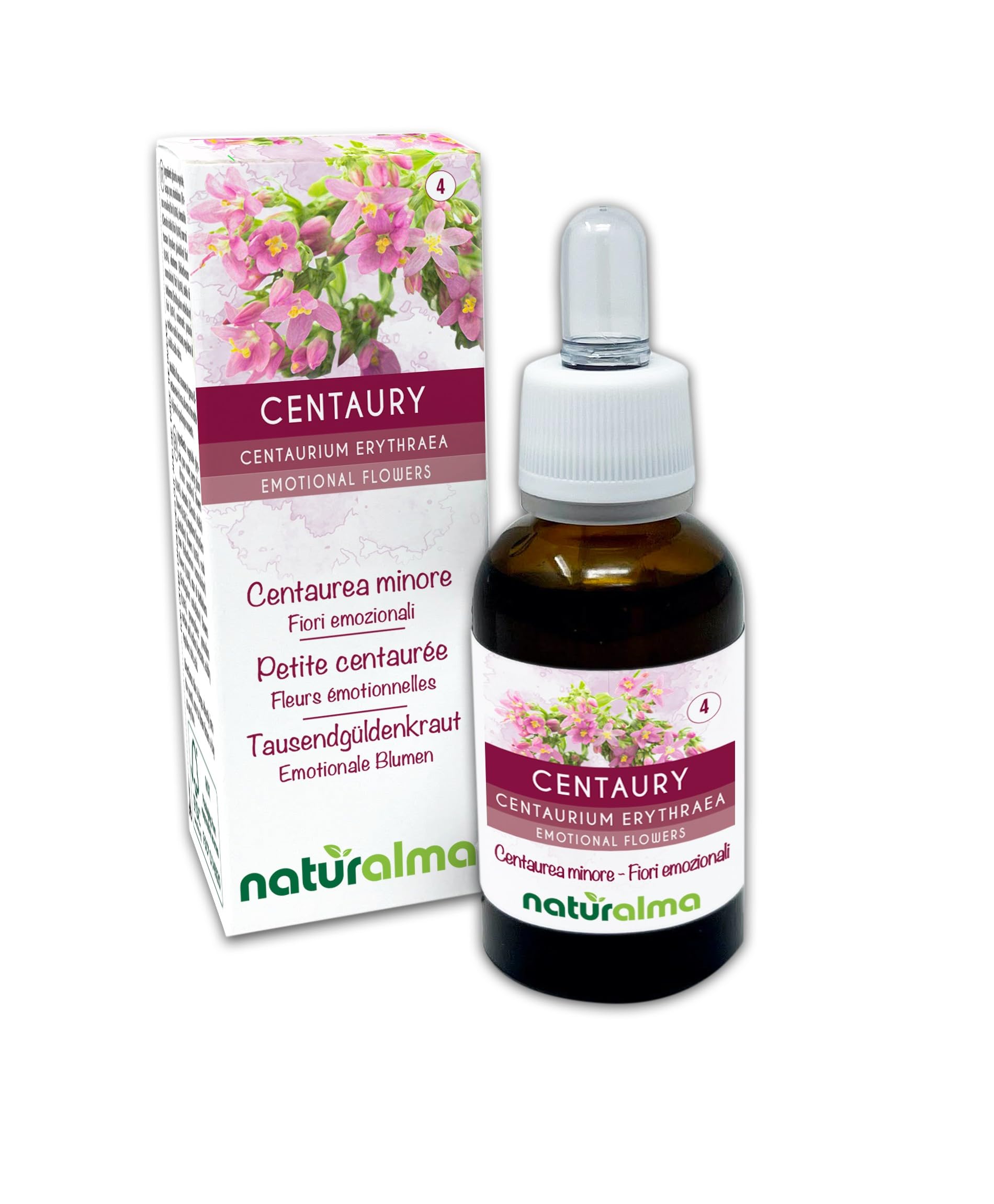 Centaury (Centaurium erythraea) Naturalma Emotional Flowers or Bach Flowers - Drops 30 ml - Alcohol-Free Liquid Extract - Flower essences - Vegan and Without Alcohol