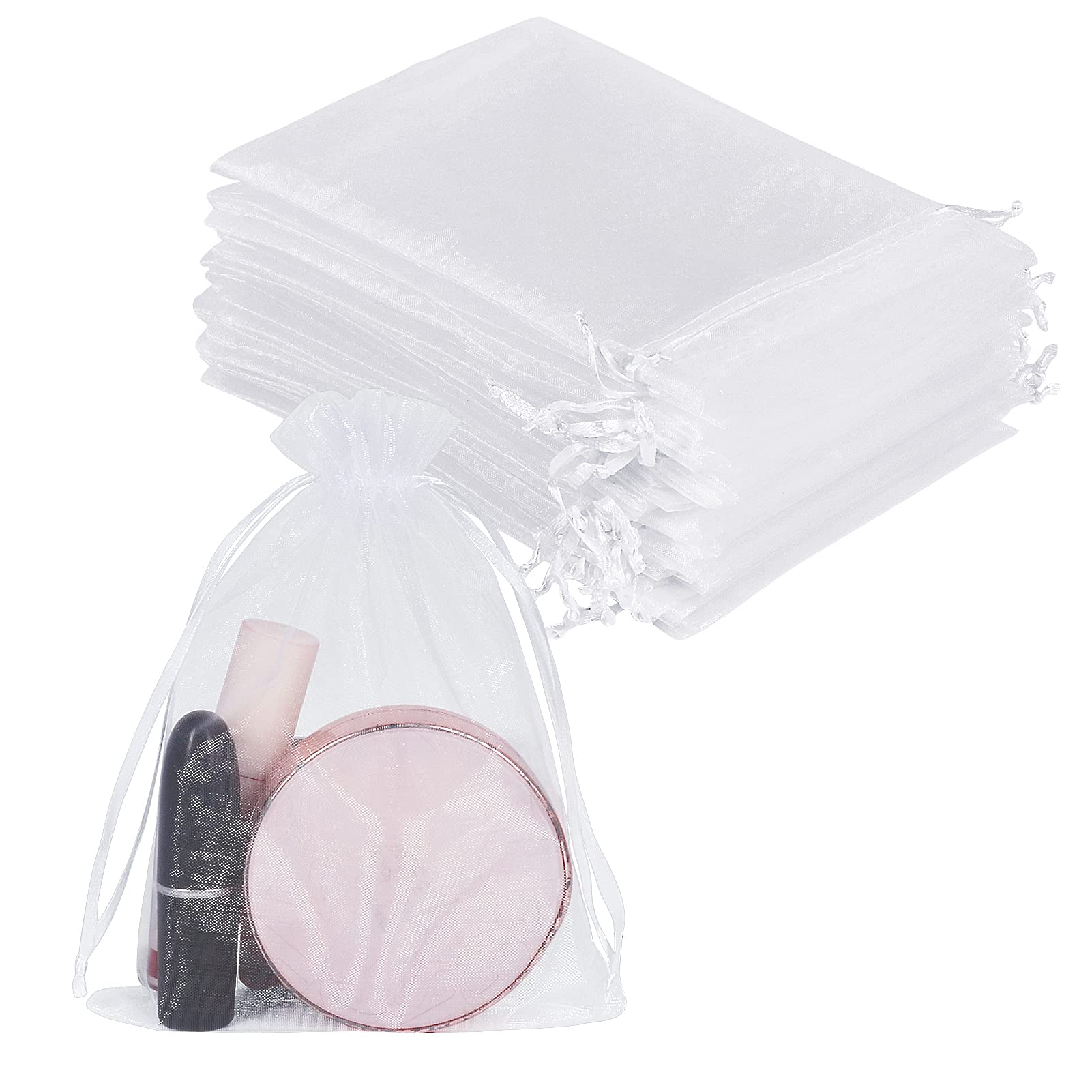 100PCS White Organza Bags Medium, 13X18cm Mesh Wedding Favour Bags with Drawstring for Jewelry Candy Makeup Baby Shower Christmas Festival Packing