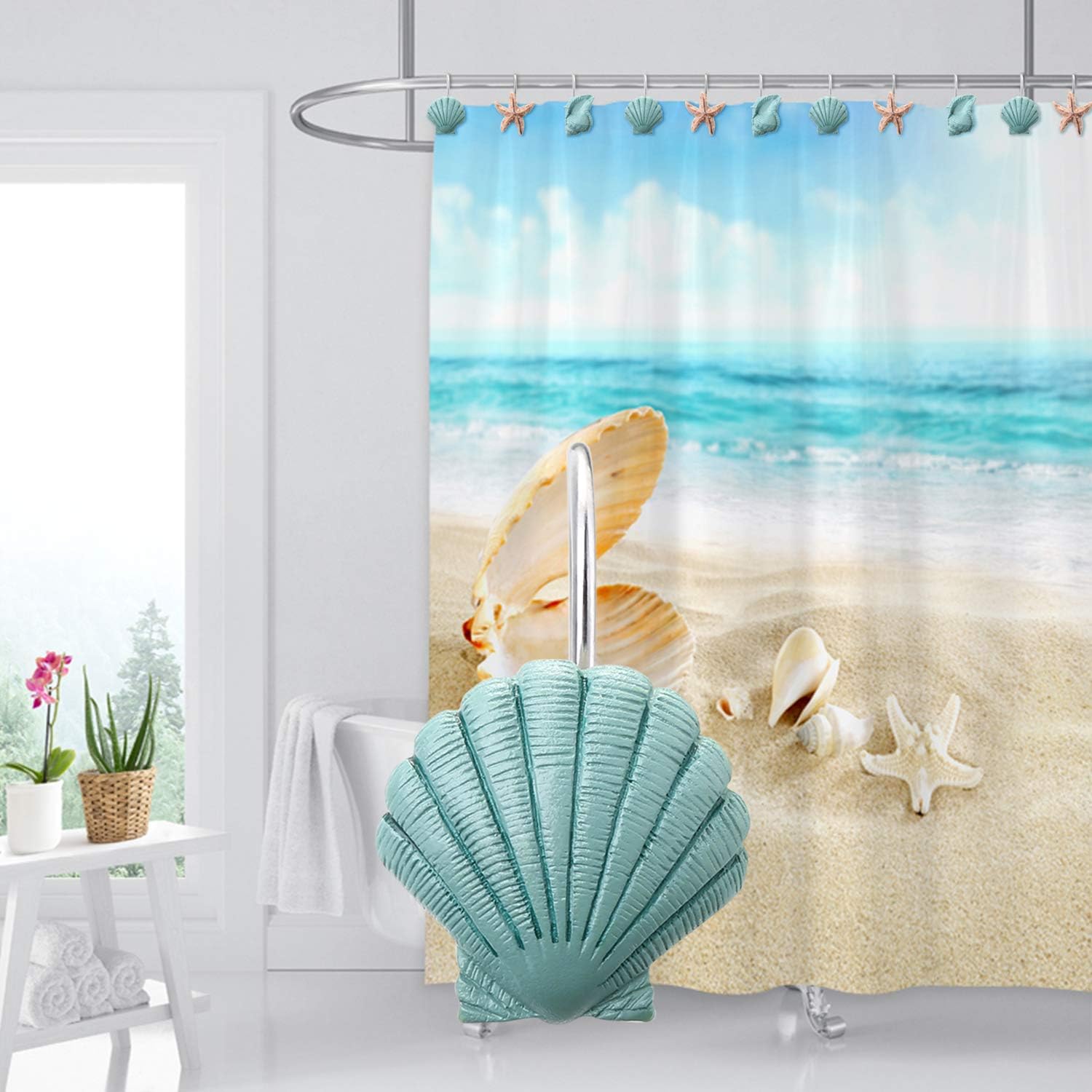 AGPTEK Shower Curtain Hooks, 12PCS Anti Rust Decorative Resin Hooks for Bathroom, Baby Room, Bedroom, Living Room Decor (Blue Seashell): Furniture & Decor