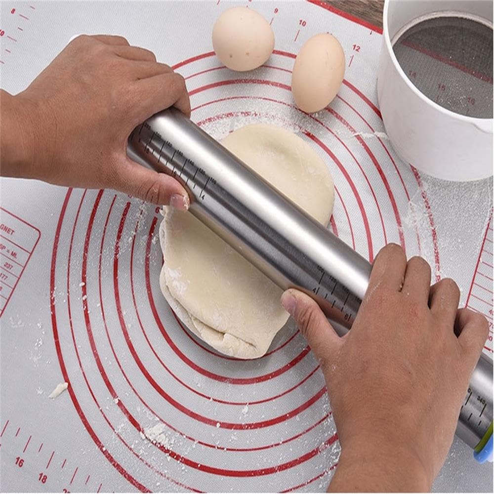 Rolling Pin nonstick and Silicone Baking Pastry Mat combo kit, Adjustable Rolling Pin With Thickness Rings for Baking Fondant, Pizza, Pie, Pastry, Pasta, Dough, Cookies (red)