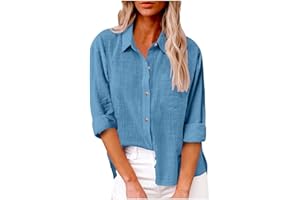 Blczomt Linen Shirts for Women Summer Long Sleeve Lapel Button Down Shirt Lightweight Gauze Tops Loose Casual Blouses Clothes
