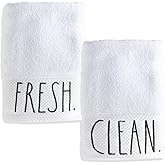 Rae Dunn Hand Towels, Embroidered Decorative Hand Towel for Kitchen and Bathroom, 100% Cotton, White- Fresh/Clean, 16"x 28"
