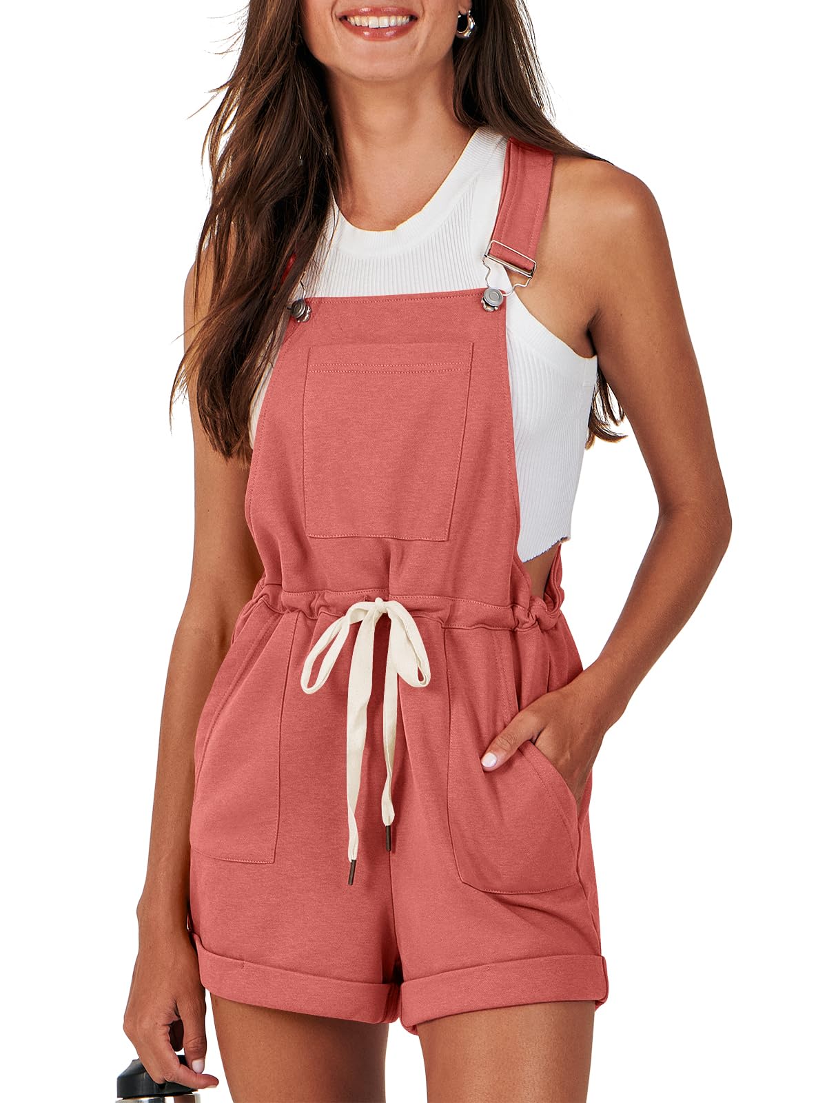 Women's Casual Straps Short Bib Overalls Basic Sleeveless Drawstring Romper Jumpsuits