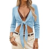 Yousify Women's Tie Front Shrug Bell Long Sleeve Bolero Lightweight V Neck Cardigan Sweater Cover Up