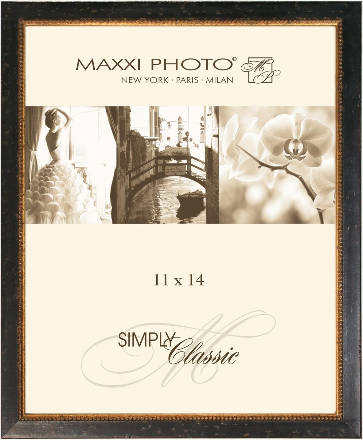 Maxxi Photo Gallery Frame with Sawtooth Hanger, 16 x 20, Antique Mahogany with Gold Beads Lucca