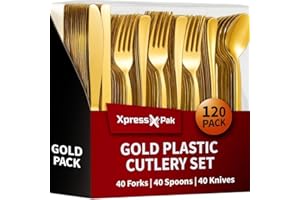 120-Piece Gold Plastic Cutlery Set – Heavy Duty Silverware – 40 Forks, 40 Knives, 40 Spoons – Elegant Flatware for Parties, W