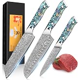 KEENZO 3PCS Kitchen Knife Set, Professional Kitchen Knives with 8"Chef, 8"Kiritsuke knife, 5"Utility Knife, Japanese Hand Forged 67 Layers Damascus Steel Cooking Knife, Ergonomic Abalone Shell Handle