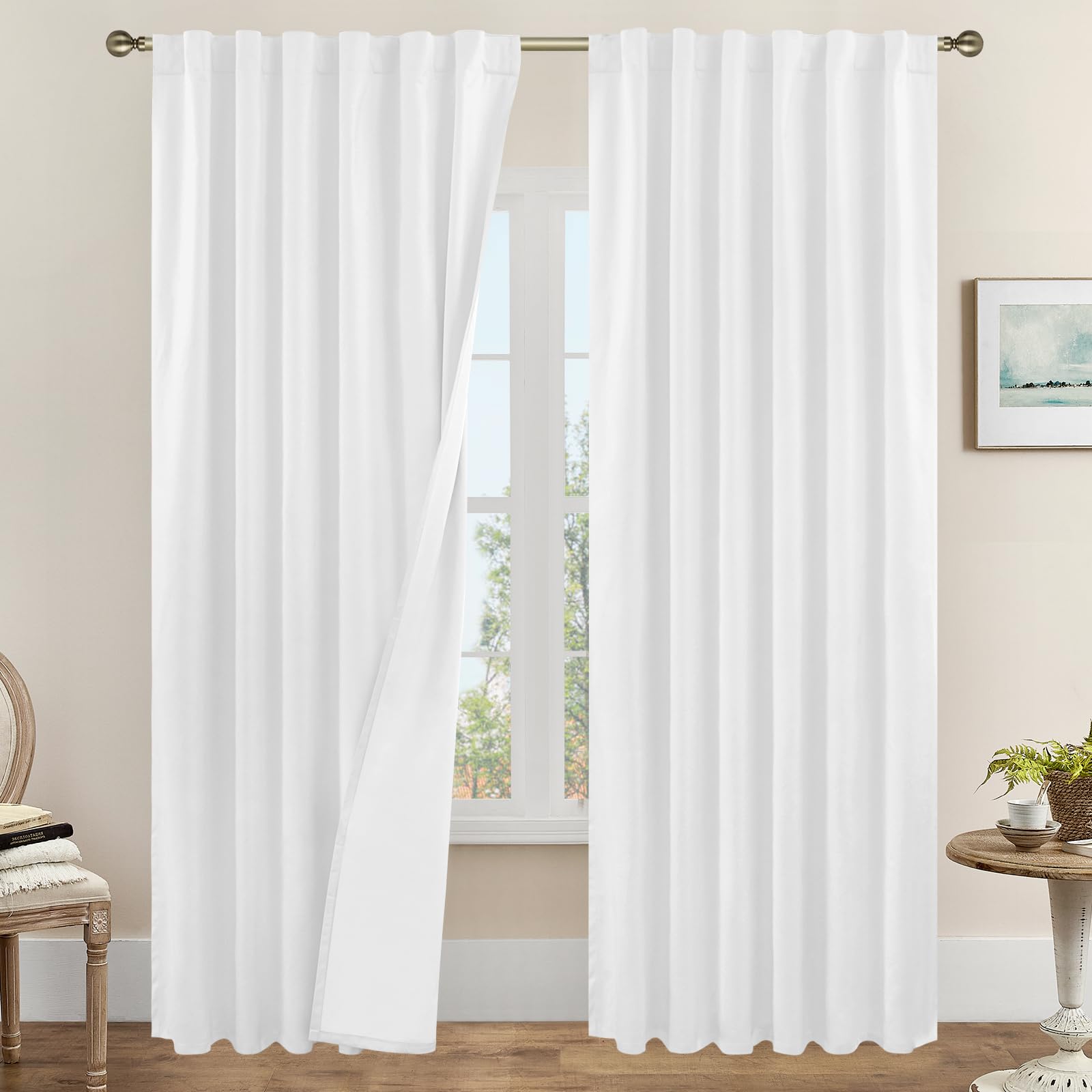LAMIT 100% Black Out Curtains for Living Room, 108 Inches Linen Textured Thermal Insulated Bedroom Curtains Back Tab and Rod Pocket Farmhouse Panels with White Liner, 2 Panels, 52 x 108 Inch, White