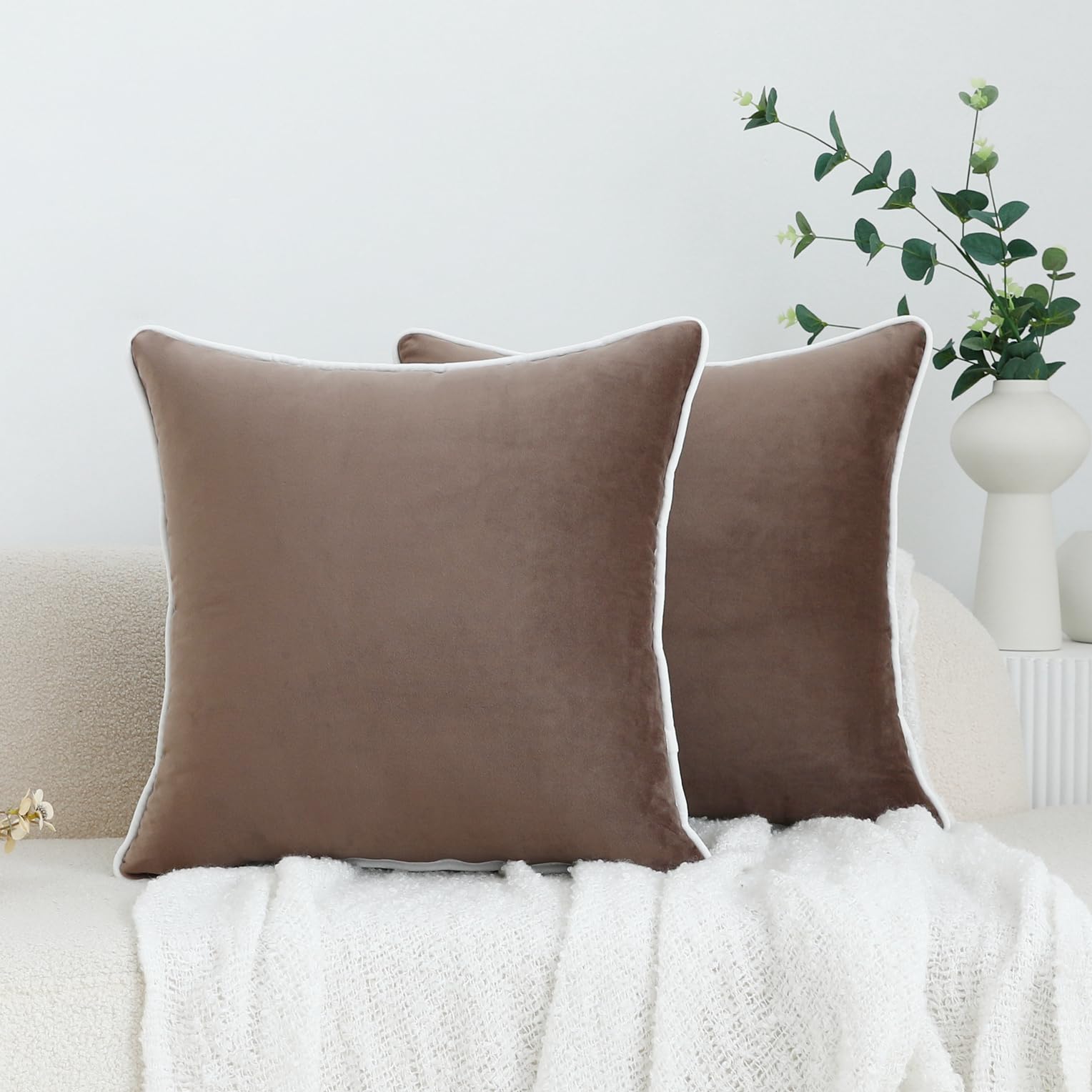 LIGICKY Set of 2 Tan Throw Pillow Covers Modern Minimalist Style Solid Decorative White Rope Edging Soft Square Cushion Cases for Sofa Bedroom Party Décor, 18 x 18 inch — image 1
