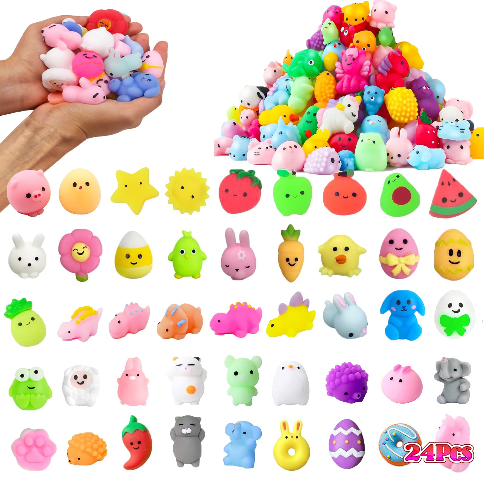 Kawaii Mochi Squishy Set , Random Bulk Mini Animals Mochi - Stress Relief Sensory, Party Favors, Birthday Gifts, Classroom Prizes, Goodie Bag Fillers (Multicolor24Pcs)