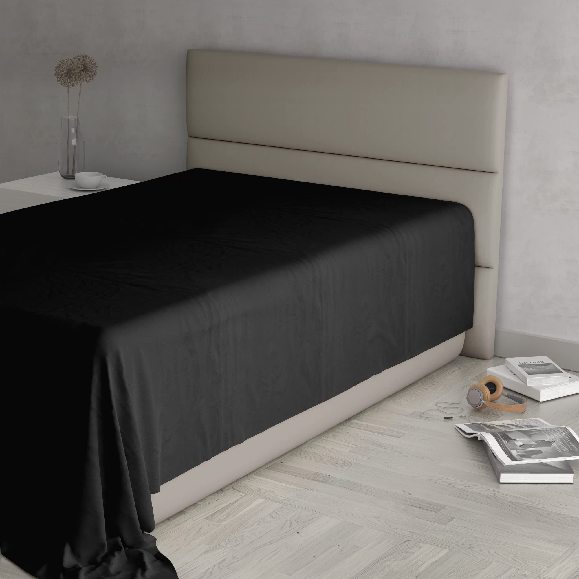 MAX COLOR Top Sheet, 100% Cotton, Plain, Black, Queen Size 180 x 300 cm