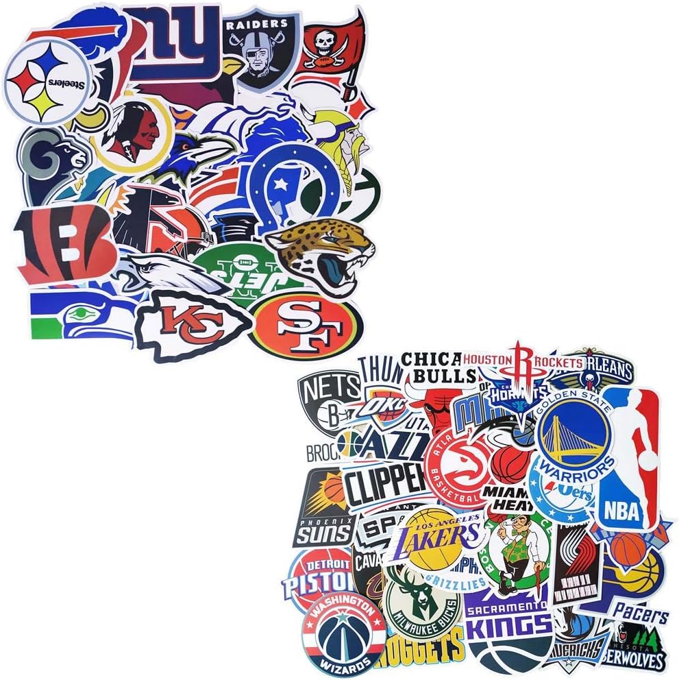 Ratgoo Stickers of NFL and NBA 63Pcs, Waterproof Vinyl Sports Fan Decals of 32Pcs NFL National Football League, 31Pcs NBA National Basketball Association All Teams Logos, American Sports Fan Stickers