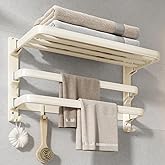 VOLDRA Towel Racks for Bathroom, 24-Inch Towel Shelf with 2 Towel Bar Foldable Towel Holder with 7 Hooks Towel Storage Organizer for Bathroom & Lavatory Wall Mounted(Milky White)