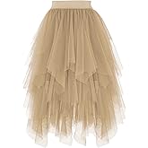 PUKAVT Tulle Skirts for Women High Waist Elastic Midi Skirt A-line Irregular Layered Mesh Tutu Skirts