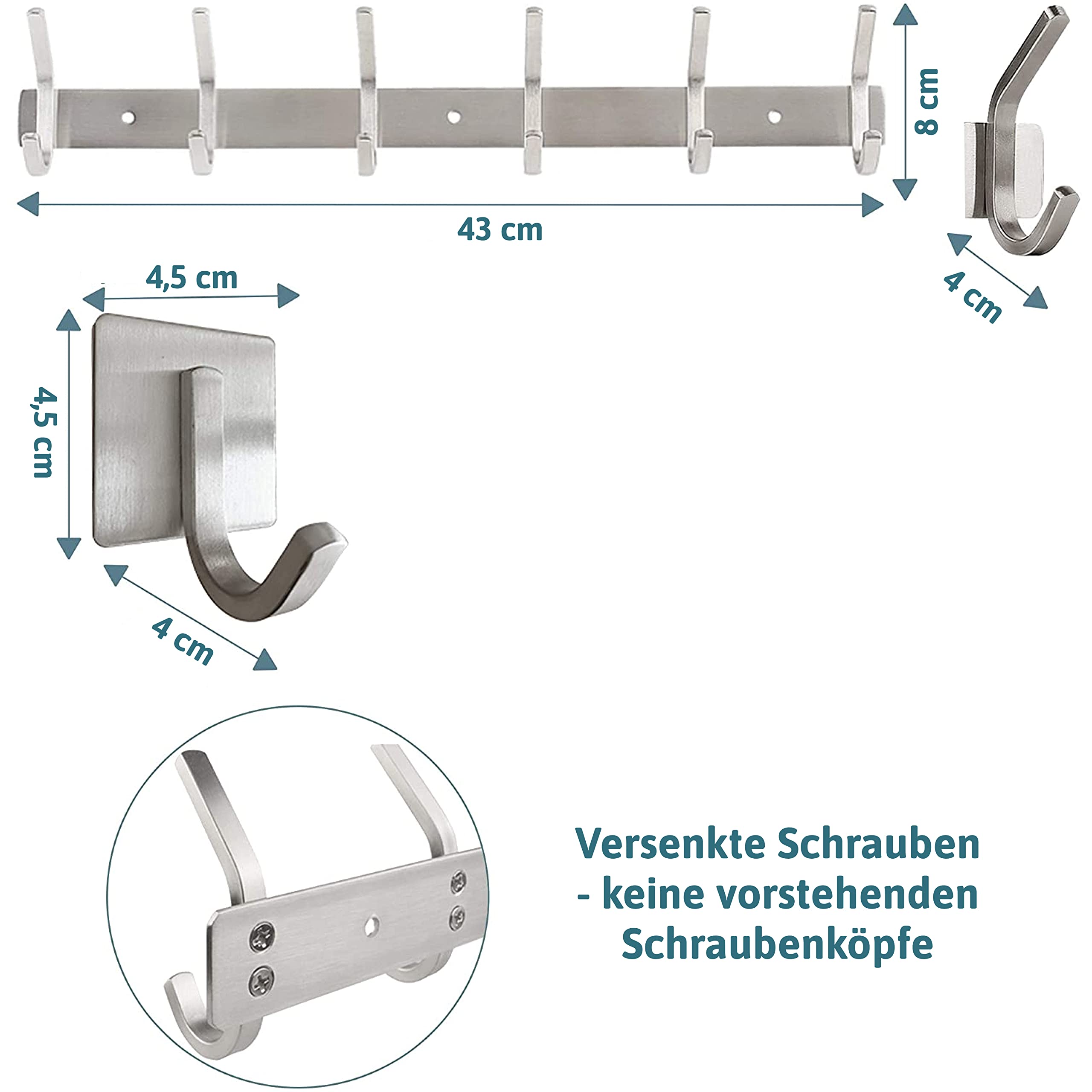 smartpeas Kleiderhaken Garderobenleiste - Rostfreier Gebürsteter Edelstahl - Chrome Matt Kleiderhaken Wand - 6 Feste Haken Halten Bis 30Kg - Plus: 1 Selbstklebender Haken 5