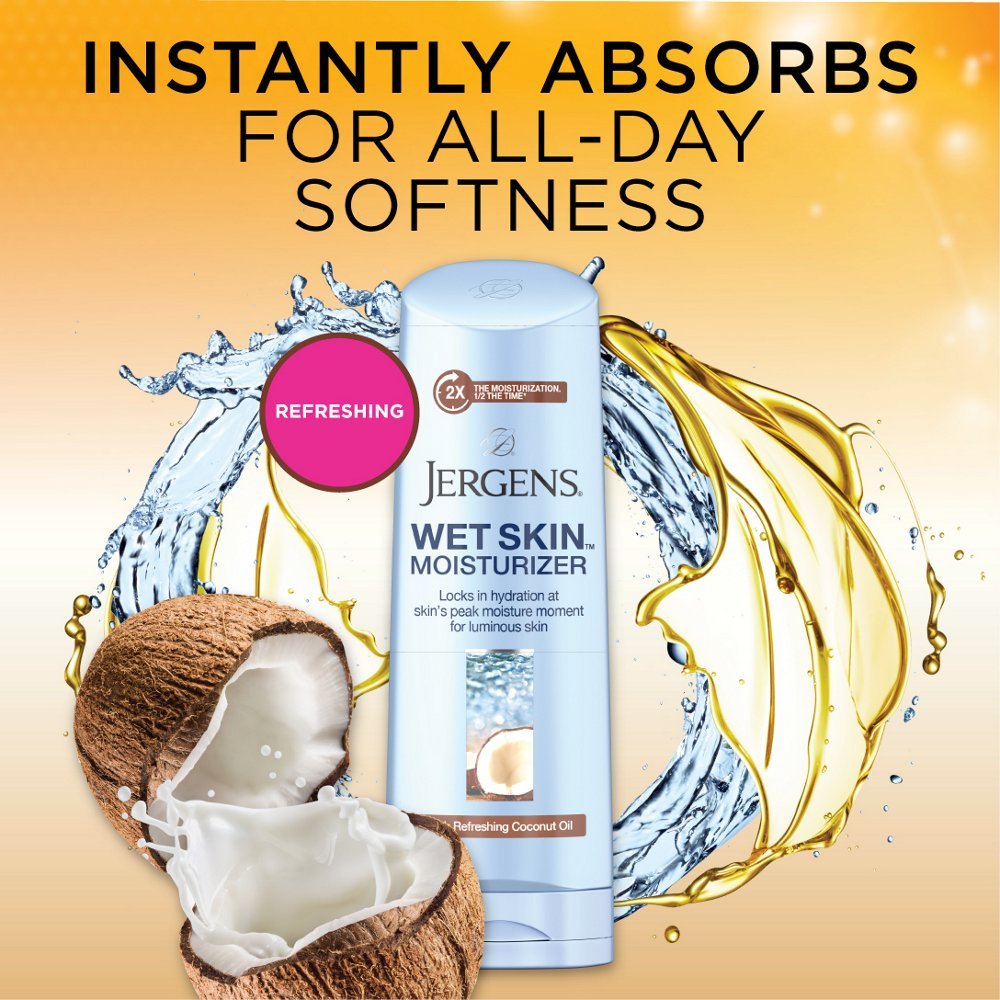 Jergens Wet Skin Refreshing Coconut Oil Moisturizer, 10 Ounce, Luxuriously Smooth Skin, Fast-Absorbing, Non-Greasy, Dermatologist Tested : Beauty