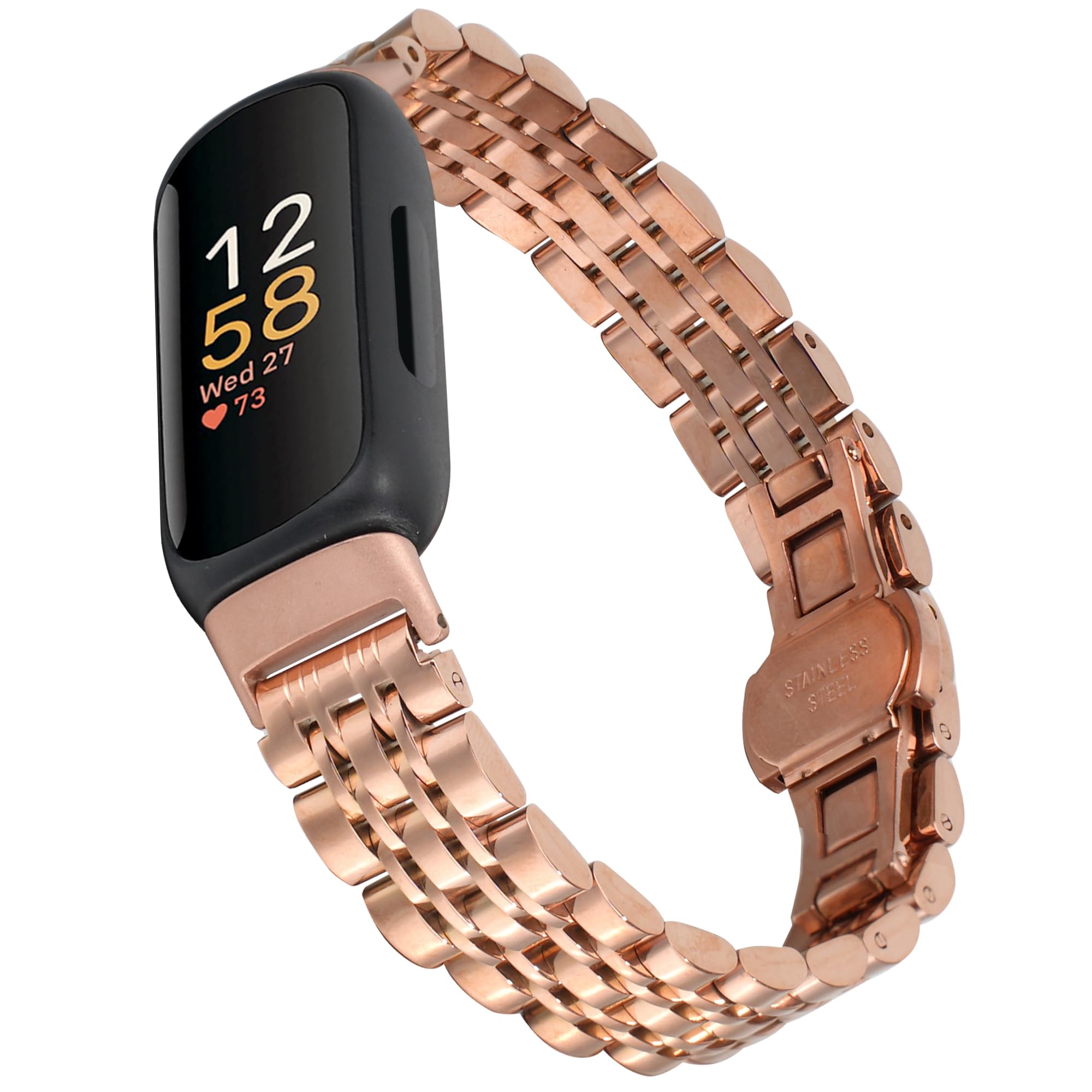 Wongeto Metal Stainless Steel Watchband Compatible With Fitbit Inspire 3 for Women, Replacement Bracelet (Rose Gold)