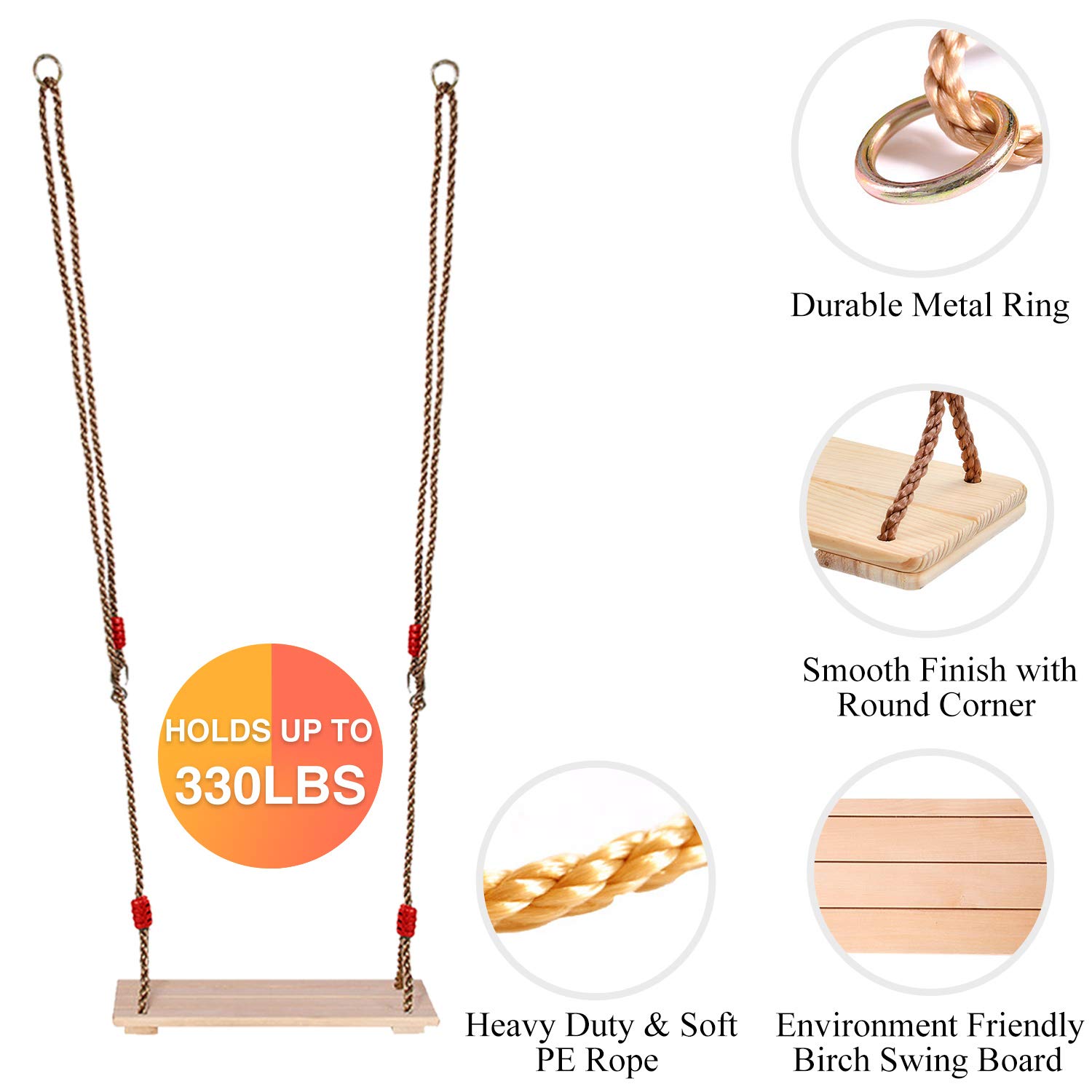 RedSwing Wooden Swing Seat, Wood Tree Swing Seat for Kids Indoor Outdoor, Backyard Swing Set Replament Hanging Swing with Adjustable Rope and Complete Accessories