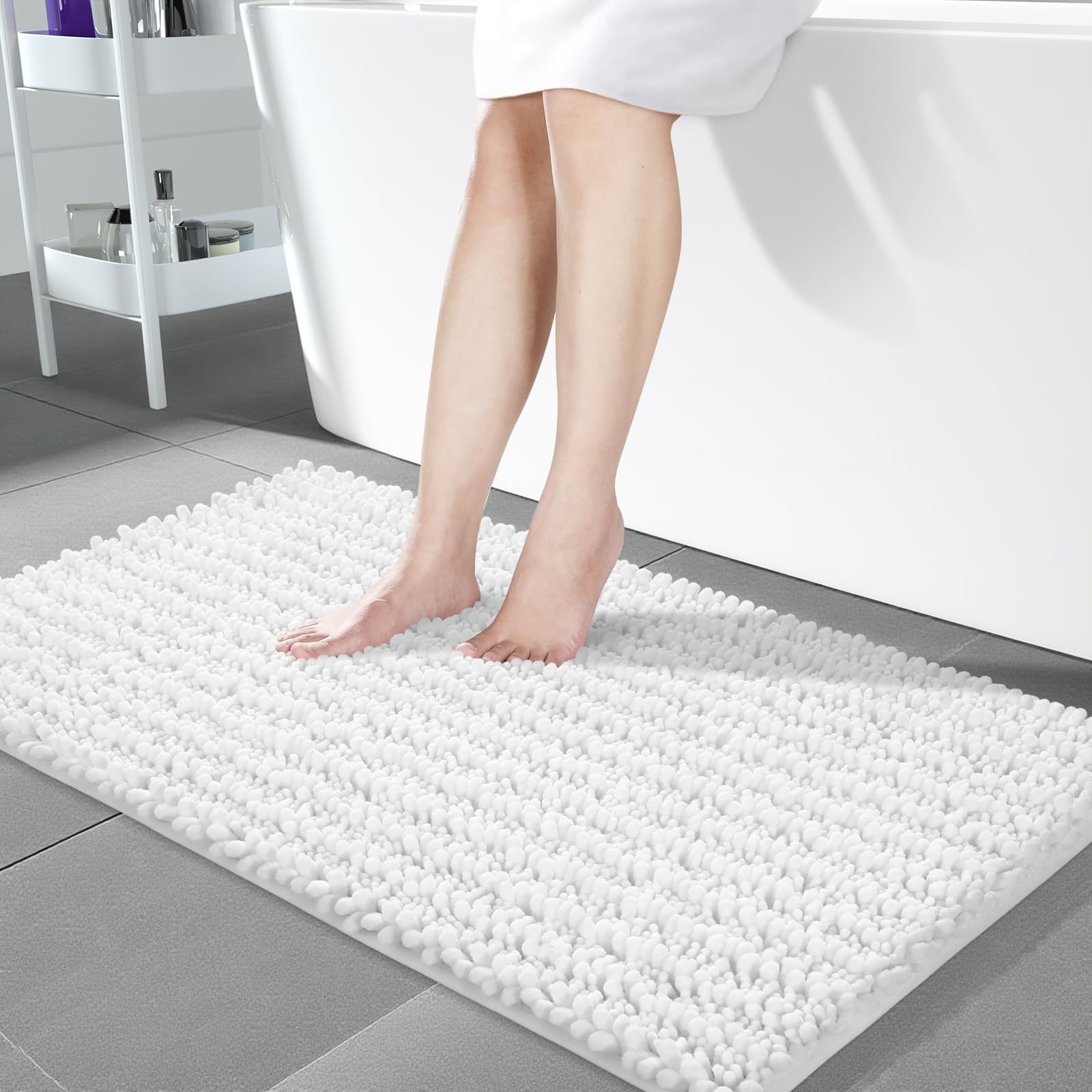 Photo 1 of Yimobra Bathroom Runner Rug 55x24 Inch - Extra Long Non Slip Chenille Bath Mat, Soft & Absorbent, Machine Washable Shaggy Hallway Carpet for Vanity Tub Shower, White Home Decor Accessories