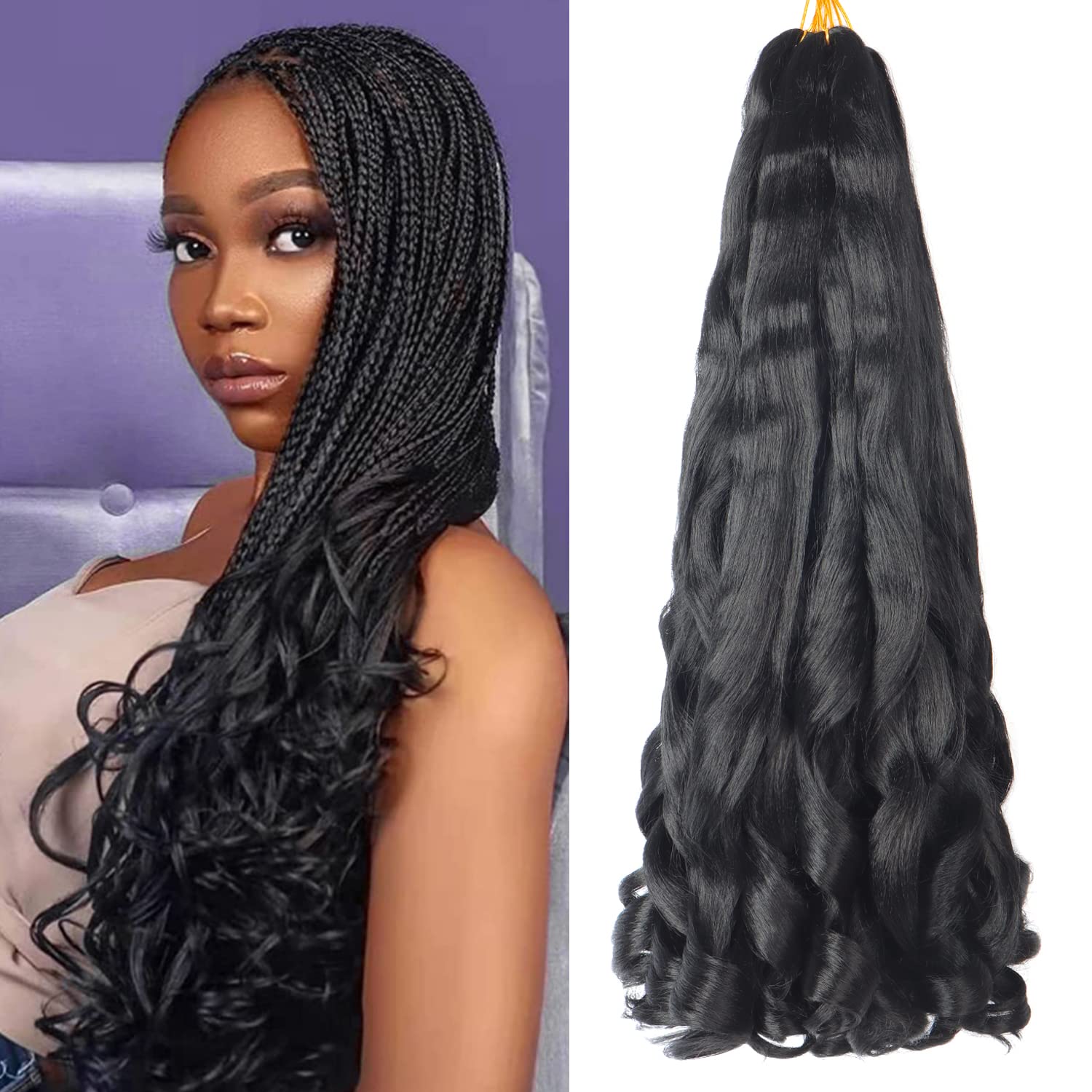 22 inch French Curl Braiding Hair 8 Pack Loose Wavy Spiral Curl Braids Crochet Hair Deep Wave Synthetic Extensions Pre Stretched Bouncy Braiding Hair (22 inch, 1B) — image 1