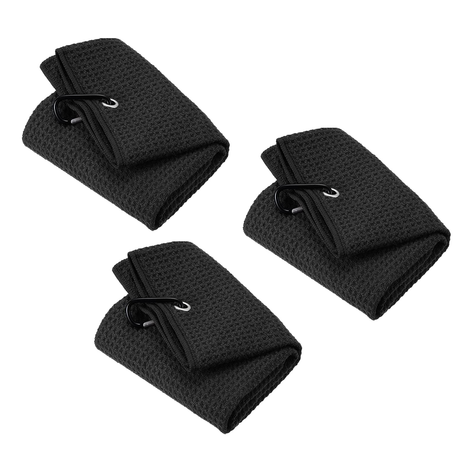 PATIKIL 20"x16" Tri-Fold Golf Towels, 3 Pack Waffle Pattern Towels Soft Fiber Strong Water Absorption with D Clip for Golf Lovers, Black