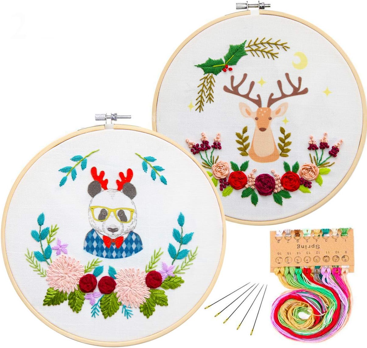 Kakeah 2 Pack Full Range of Stamped Embroidery Starter Kit with Pattern and Instructions, Including Embroidery Cloth with Pattern,Bamboo Embroidery Kits (Panda and elk)