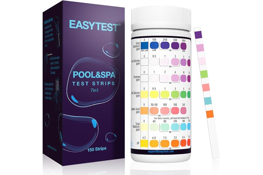 EASYTEST 7-Way Pool Test Strips, 150 Strips Water Chemical Testing for Hot tub and Spa, Accurate Test Bromine, Total Alkalinity, pH, Free Chlorine, Total Hardness, Cyanuric Acid, and Total Chlorine