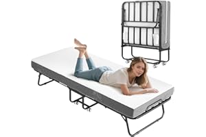Lynxor Folding Bed with Foam Mattress, Single Rollaway Bed for Guests, Space Saving Portable Beds with Lockable Wheels, 75" x 31" Twin Size Metal Bed Frame, Easy Assembly & Moving（White）