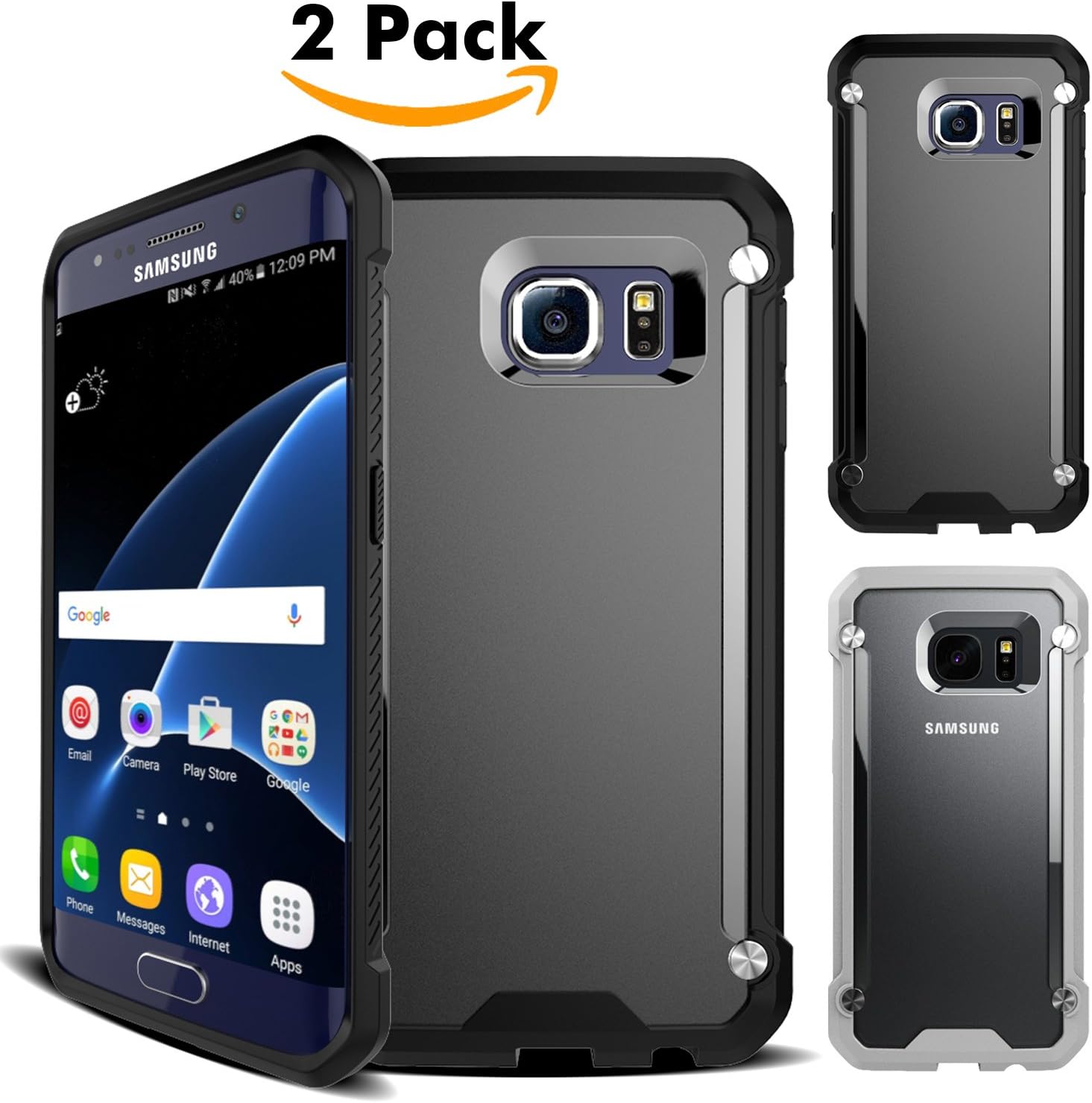 Unives Samsung Galaxy S7 Edge Case [2-Pack] **NEW** (1 Black + 1 Grey) Frosted Series Ultra Thin Anti-Scratch Protective Case with Matte PC Hard Plastic back cover and Rugged Soft TPU Gel Bumper
