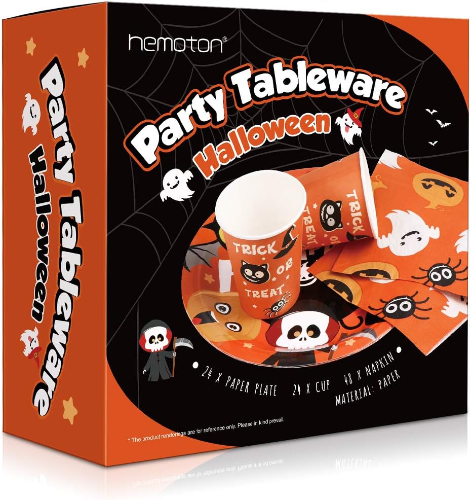 Halloween Disposable Dinnerware Set -Serves 24 - Hemoton Paper Tableware Halloween Party Supplies including 24 Paper Plates, 48 Napkins and 24 Cups: Kitchen & Dining
