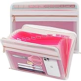 Mukawa 13 Pocket Zippered Expanding File Folder, Accordion File Organizer for Documents Letter Size A4 Papers (Pink)