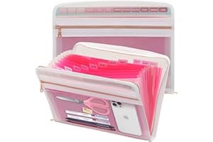 Mukawa 13 Pocket Zippered Expanding File Folder, Accordion File Organizer for Documents Letter Size A4 Papers (Pink)