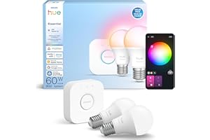 Philips Hue Essential Starter Kit: Bridge + 2 Essential E26 Smart Bulbs, White and Color Ambiance, 2200K-6500K, Dimmable, Wor