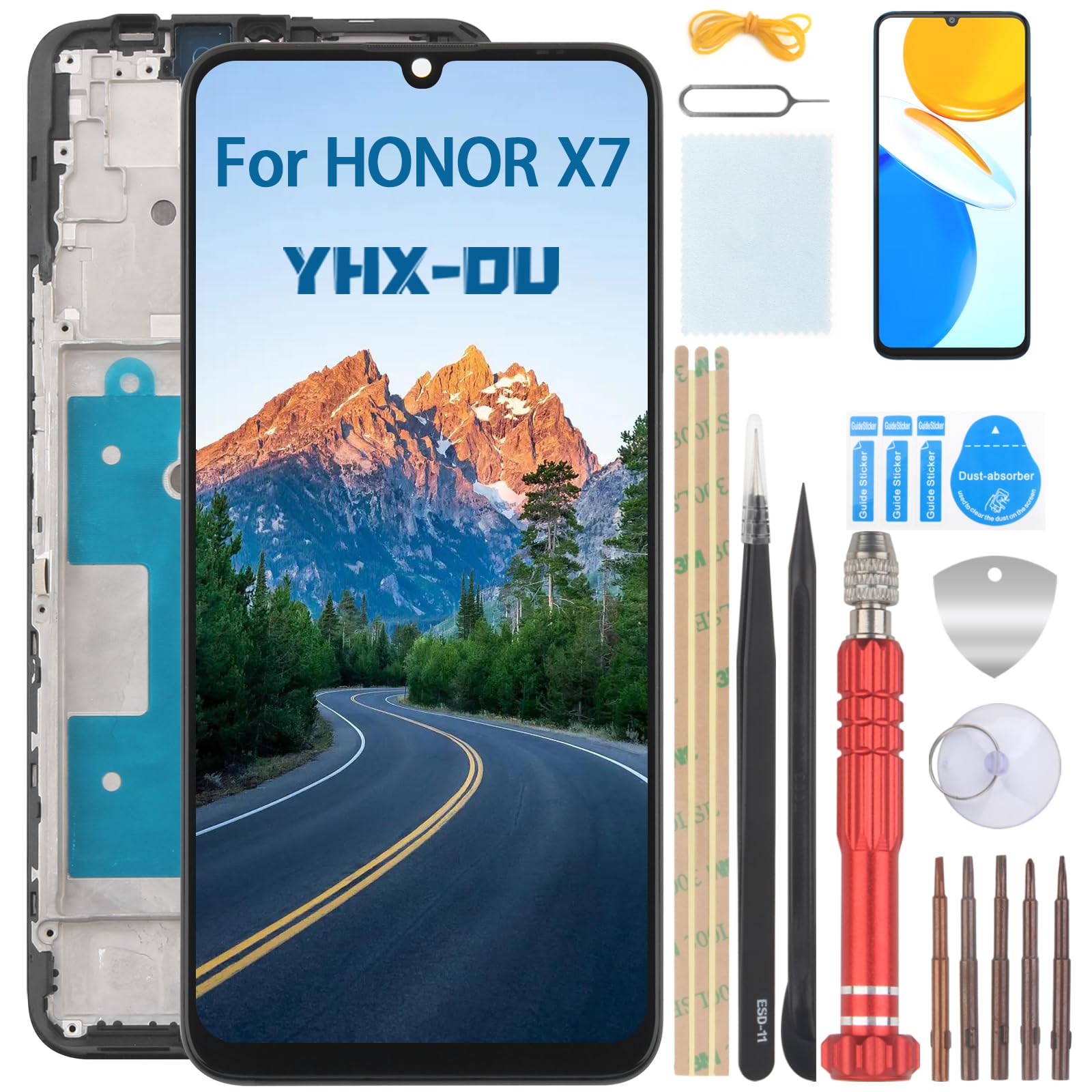 YHX-OU 6.74 Inch Black + Frame Display for Honor X7 CMA-LX2 CMA-LX1 CMA-LX3 LCD Display Touchscreen Replacement Screen Glass Assembly with Tools + 1 Piece Tempered Glass