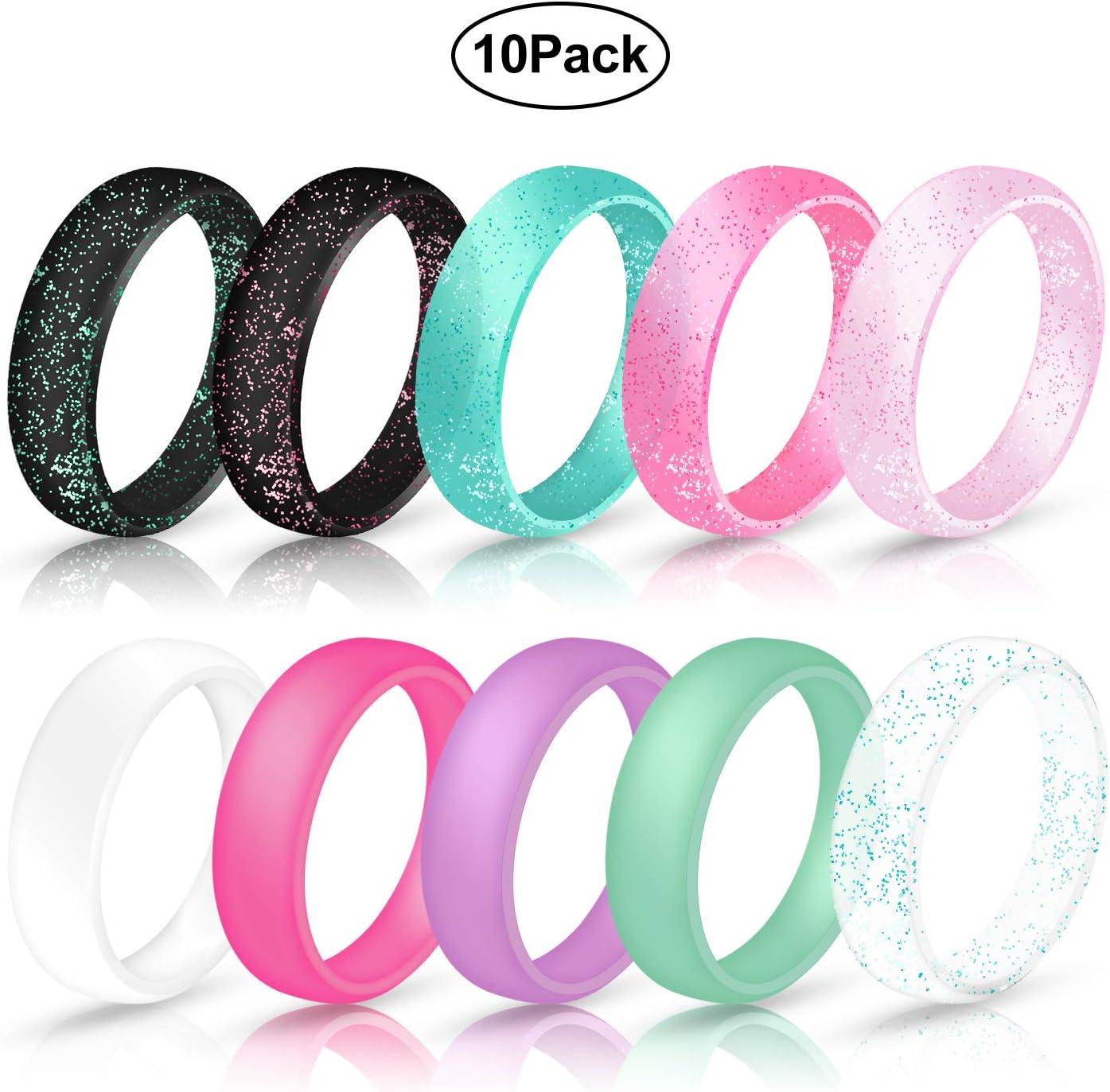 Ninge Width Silicone Wedding Rings for Women,Glitter Blingbling Design,Rubber Wedding Engagement Bands Stackable Rings, 5.7mm Wide Size 4 5 6 7 8 9 10-10 Pack