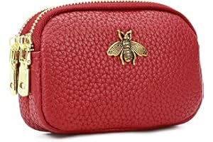 WOZEAH Leather Coin Purse for Women Small 2 Zipper Change Wallet with Key Ring Card Key Coin Cash Holder Pouch(Red)