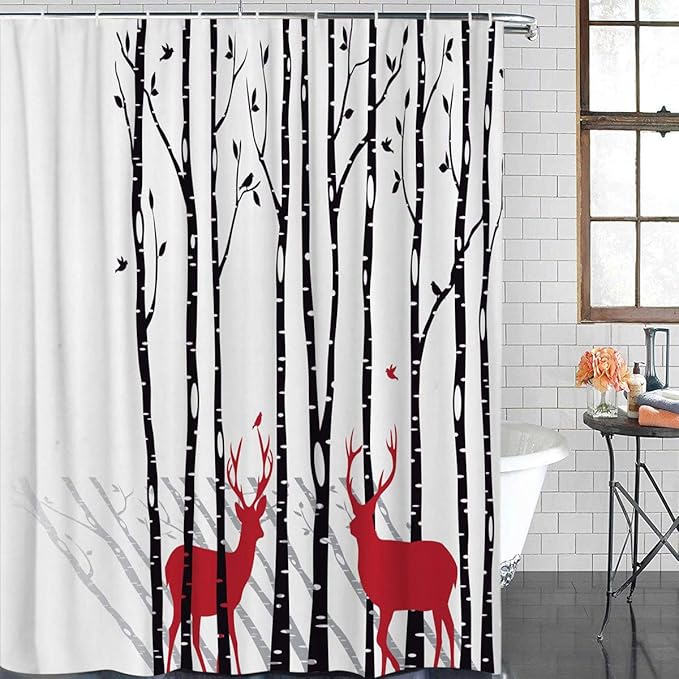Christmas Antlers Shower Curtain Bathroom Decor Set With Hooks Deer Tree Forest With Red Holiday Theme Flying Leaves Branch Reindeer Waterproof Polyester Fabric Hotel Bath Curtain 36 72inch Amazon In Home Kitchen