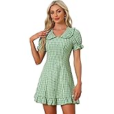 Allegra K Women's Gingham Checks Ruffled Peter Pan Collar Cute Mini Dress