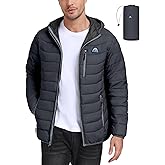 Mapamyumco Men's Lightweight Packable Hooded Puffer Jacket Puffy Waterproof Windproof Winter Coat for Snow Ski Hiking Travel