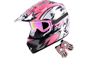 1Storm Youth Motocross Helmet BMX MX ATV Dirt Bike Helmet Matt Star Pink + Goggles + MG Youth Pink Glove Bundle
