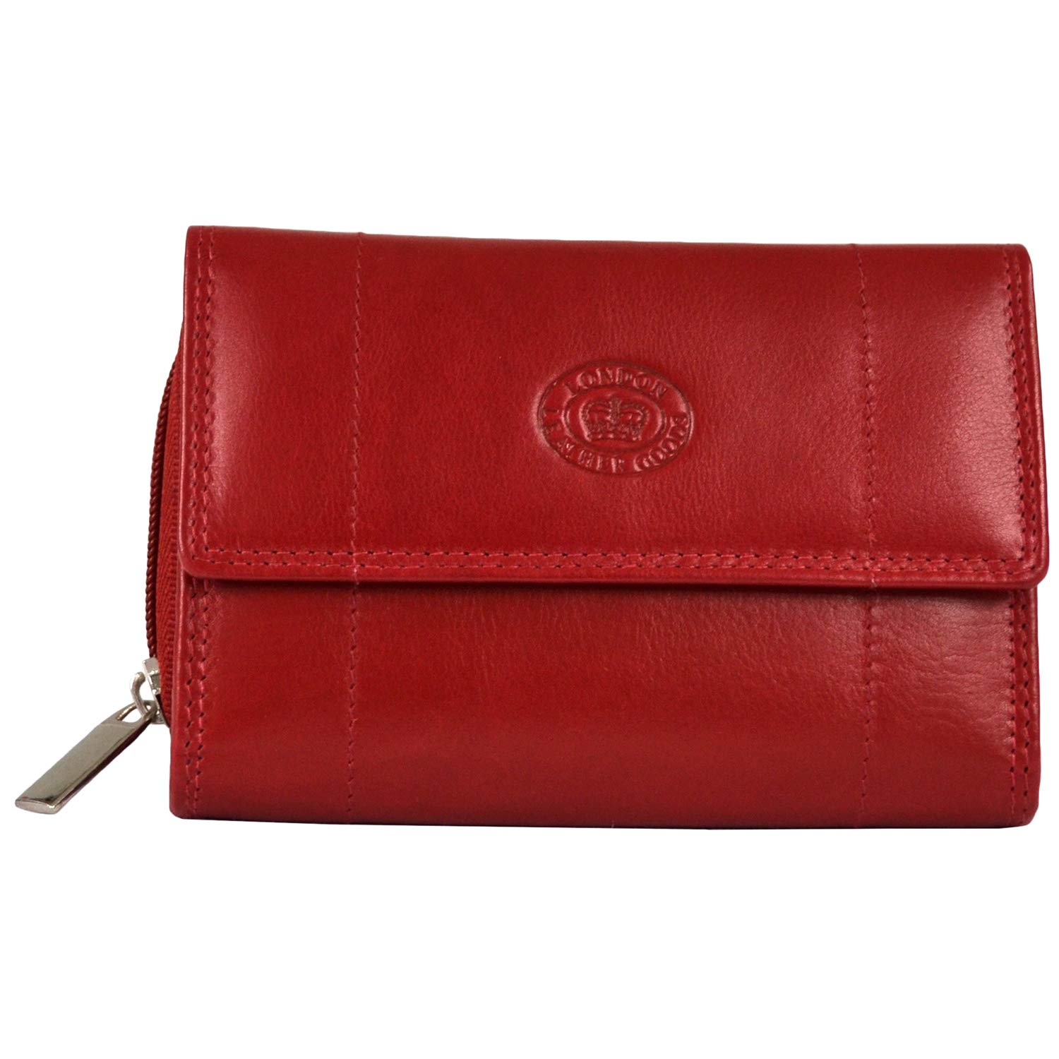 Ladies Soft Real Nappa Leather Zip-around Purse with Front Flap and Double Credit Card Swing Section (Dark Red)