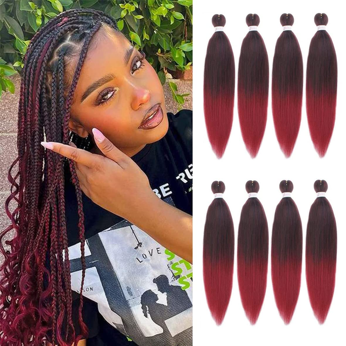Leeven 16 Inch Pre Stretched Braiding Hair 8 Packs EZ Braiding Hair Extensions Burgundy Red EZ Braid Pre Stretched for Box Braids /1B900# โ image 1