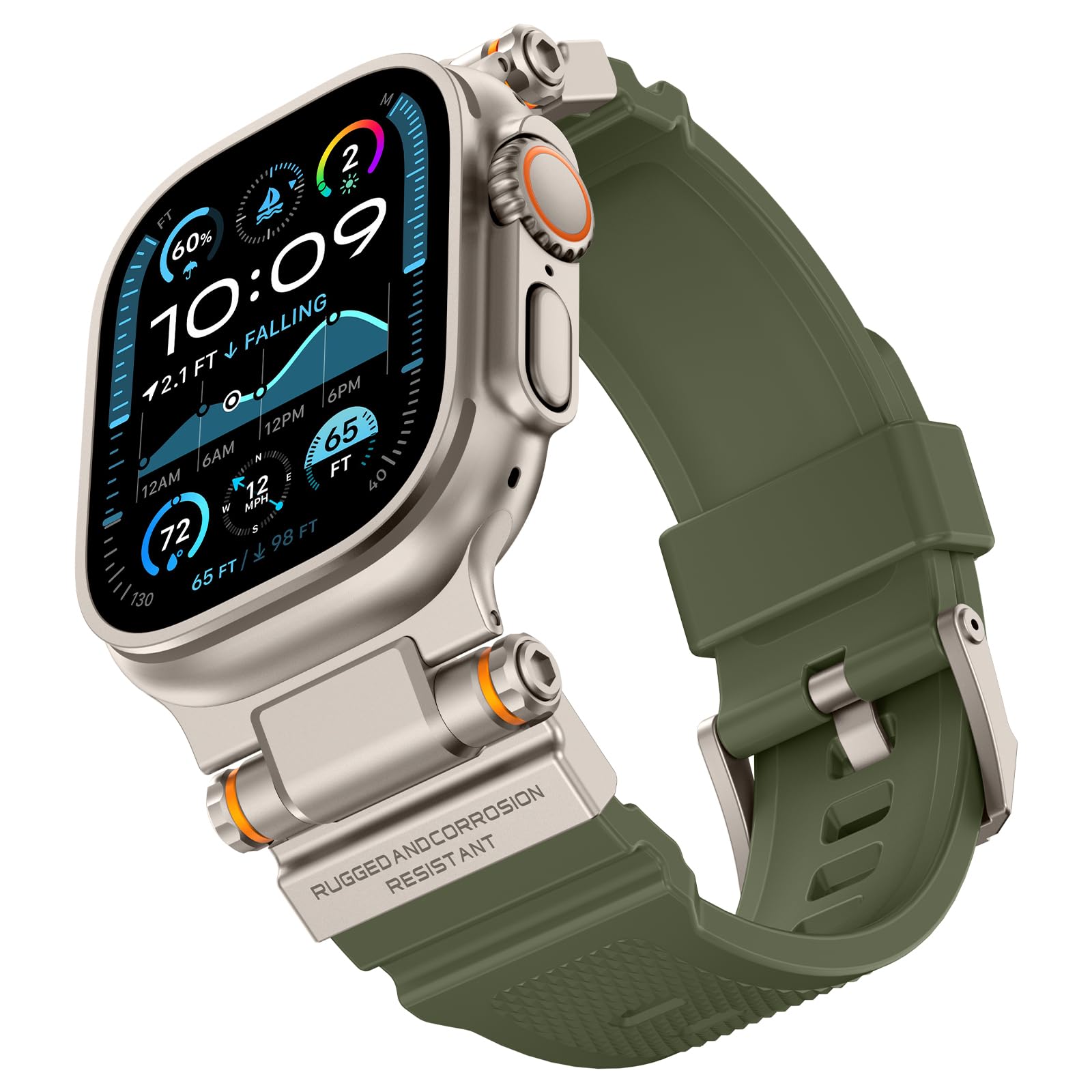 Photo 1 of FOAMUNOC Rugged Band Compatible with Apple Watch Ultra 3/2/1 Band 49mm/46mm/45mm/44mm/42mm, Metal Connector with Strap for iWatch Ultra Series 11/10/9/8/7/6/SE3/SE2/SE/5/4/3/2/1, Army Green/Titanium
