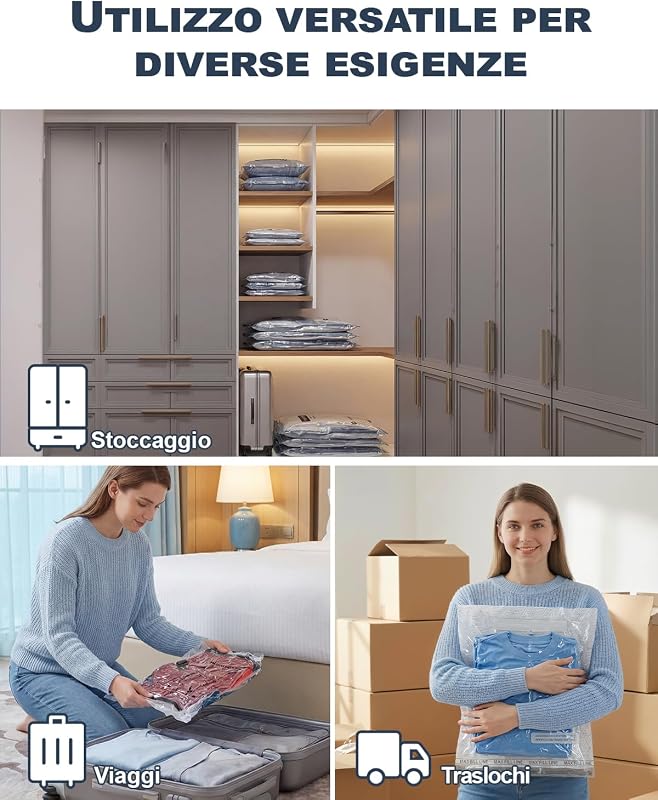 Sacchetti Sottovuoto Vestiti con Pompa Manuale, 4 Buste Sottovuoto Vestito (4 * 50x40cm), Sacchi Sottovuoto Vestito per Viaggi, Traslochi e Stoccaggio