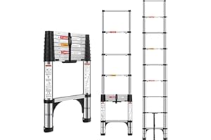DEZEX Telescoping Ladders 8.5 FT Stainless Steel - One-Button Retraction Collapsible Extension Ladder for Home,RV,Loft, Lasts 375 LBS with 2 Triangle Stabilizers