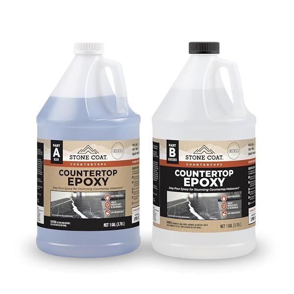 STONE COAT COUNTERTOPS CLEAR EPOXY RESIN KIT (2 GALLON) UV, SCRATCH AND HEAT RESISTANT, FOOD SAFE, FOR KITCHEN COUNTERTOP, TABLETOP, BAR TOP, SHOWER WALLS, WOOD SLABS, OTHER DIY ART CRAFT PROJECTS