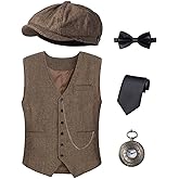 Kids 1920s Costume for Boys Vest Hat Pocket Watch Accessories Set Party Cosplay 3-14 Years