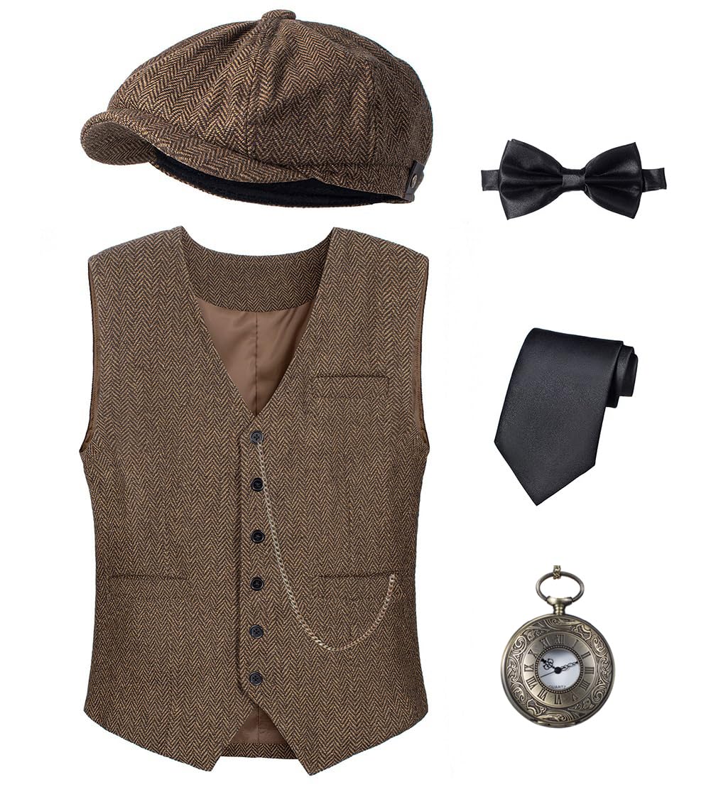 Photo 1 of Kids 1920s Costume for Boys Vest Hat Pocket Watch Accessories Set Party Cosplay 10-11 Years Dark Brown