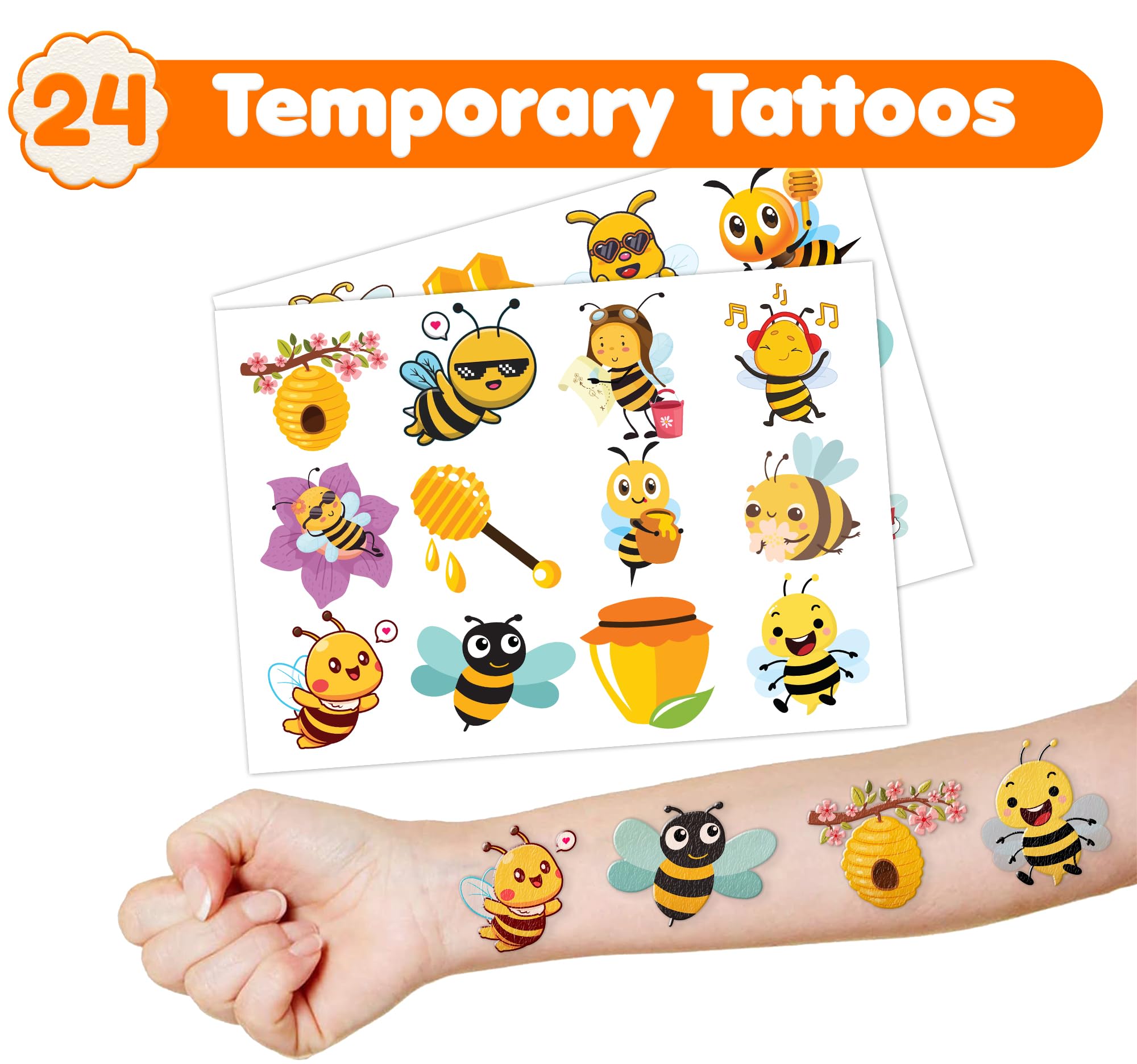 72PCS Bee Party Favors - 48PCS Pre-cut Tattoos & 24PCS Slap Bracelets - Honey Bee Birthday Supplies, Baby Shower Decorations, Classroom Prizes, Gifts for Girls & Kids